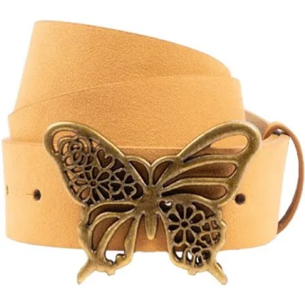 No Boundaries Cognac Tan Belt with Butterfly Old English Brass Buckle